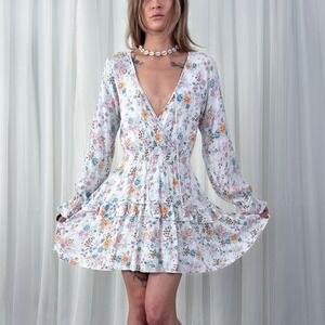 Altar'd State Womens Small Cream Floral Long‎ Sleeve V Neck Mini Dress